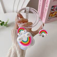 5 件英国兼容 Apple 20 瓦快速充电器外壳充电器盖和螺旋电缆保护器套装（笑脸花、甜甜圈、7 色彩虹、蜜蜂图案） - 彩色 - 查看 13