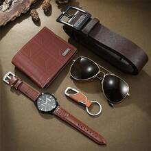 5 Cái/bộ Đồng hồ thạch anh thể thao dành cho doanh nhân, ví và kính râm, thích hợp làm quà tặng ngày lễ tình nhân - màu nâu - Xem 2