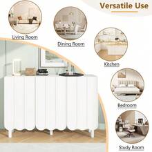 Modern Cream Minimalist Shoe Cabinet With 5 Solid Wood Legs, Sideboard Buffet Storage With Adjustable Shelves & Wave Doors For Living Room, White - 白色+中密度纖維板 - 查看 4