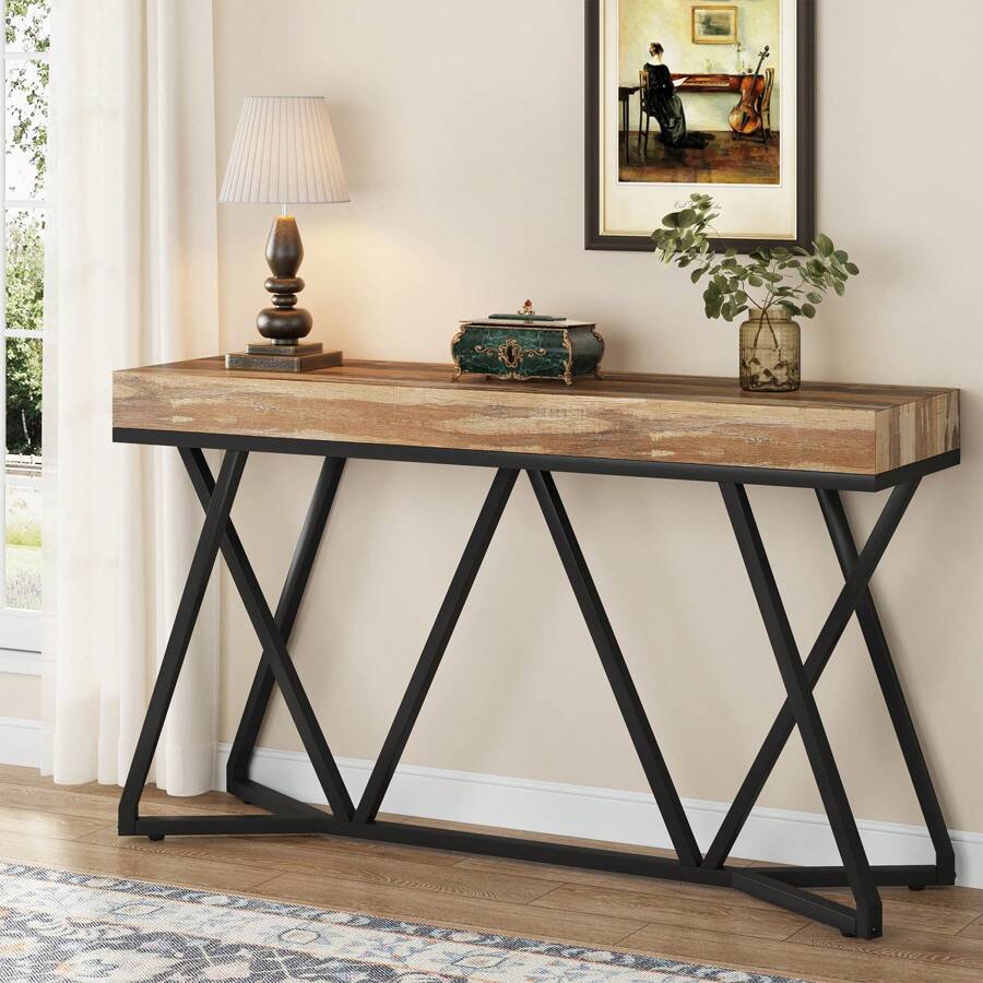 Tribesigns 55 Inch Console Table, Farmhouse Sofa Table Wood Entryway Table With Unique Metal Base, Behind The Couch Table Foyer Table, Industrial Accent Table For Hallway, Living Room, Entrance Decor Home Furniture, Wood And White - Gỗ và Trắng - Xem 1