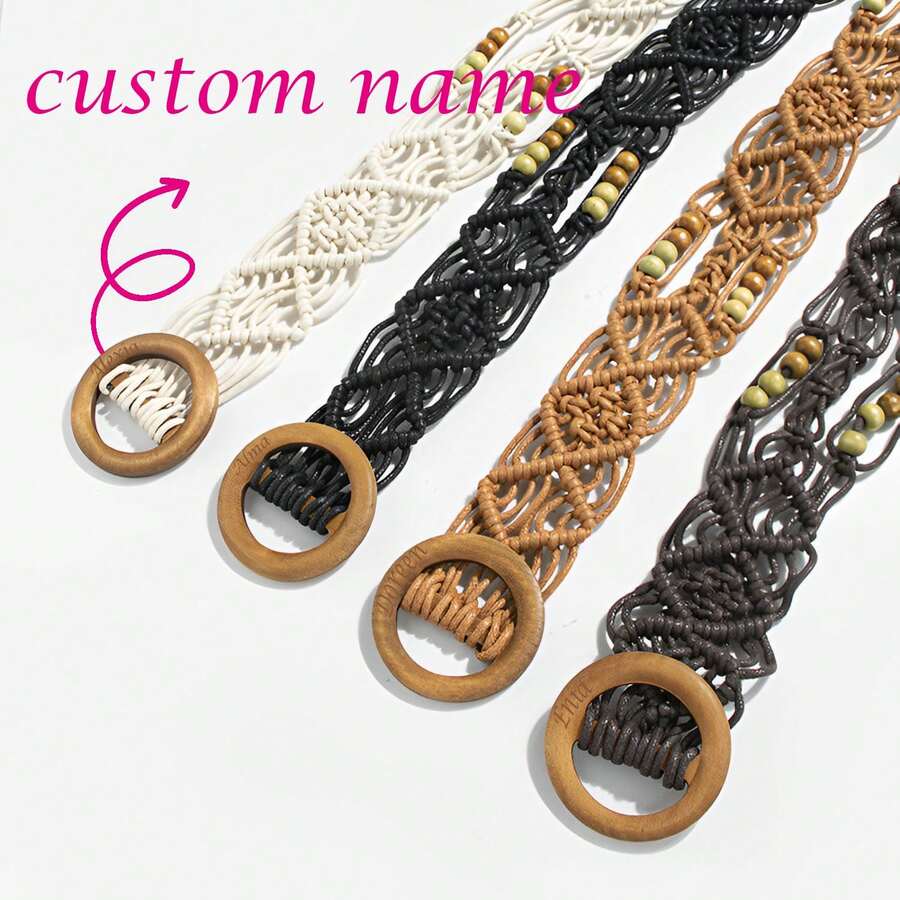 1pc Woven Bohemian Style Casual Elegant Holiday Waist Belt, Wooden Beaded Knotted Waist Rope, Suitable For Daily Wear, Travel, Beach, Party, Birthday Gift, Customized Name Belt - Small Round Wooden Buckle Wooden Bead Belt - View 1