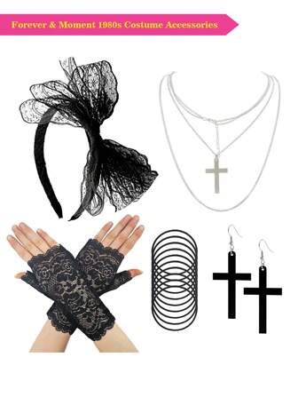 Forever & Moment 5 PCS 80s Fancy Dress Costume Accessories Set For Women, 1 Set Of Fashionable Bracelet Necklace With Crossed Black Earrings, Lace Headband And Gloves Suitable For Ball Bars, 80s Bachelor Party Ball Dressing Accessories Prom Halloween