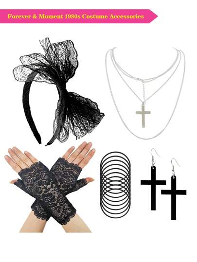 Forever & Moment 5件套80年代复古女士舞会配饰套装，包括1条时尚手链项链、1副黑色交叉耳环、1个蕾丝发带和1副手套，适合舞会、单身派对、万圣节和其他场合。
