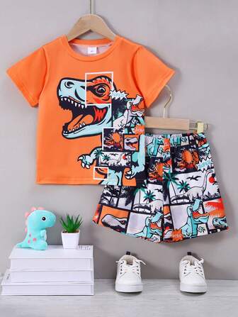 2 piezas/set Camiseta de manga corta y pantalones cortos con estampado de dinosaurio colorido para niños, verano