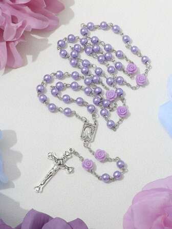 1pc Purple Pearl Rose Handmade Beaded Cross Prayer Necklace With Virgin Mary & Jesus Cross Pendant, Small Size