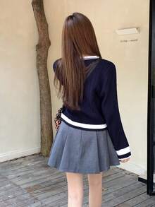 法式优雅拼色圆领女毛衣 - 藏蓝色 - 查看 2