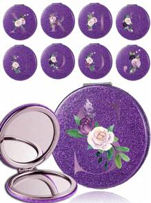 化妆镜带皮套 纯素 PU 镜子 圆形闪亮梳妆镜 可折叠手持 PU 化妆镜 双面旅行奢华美容镜 轻便化妆镜 首字母 A-Z 字母图案 - 紫色 - 查看 1