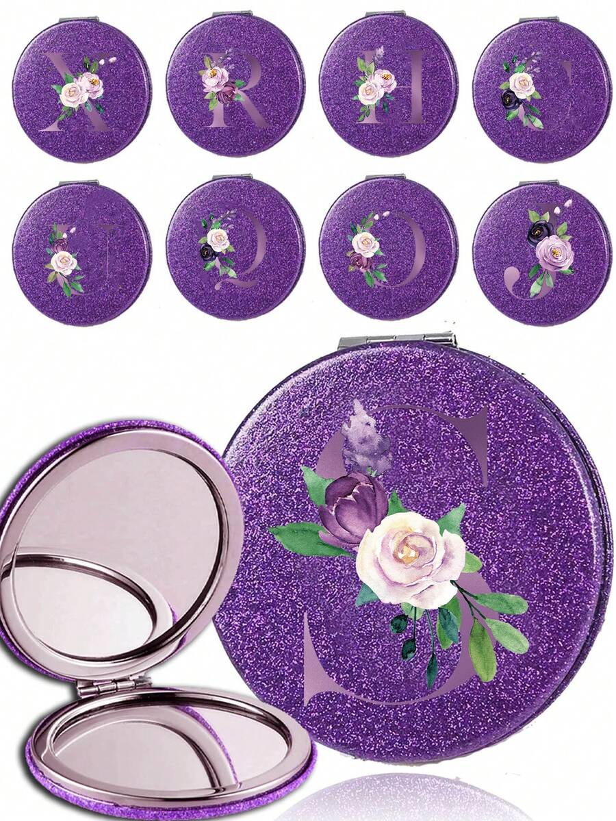 化妆镜带皮套 纯素 PU 镜子 圆形闪亮梳妆镜 可折叠手持 PU 化妆镜 双面旅行奢华美容镜 轻便化妆镜 首字母 A-Z 字母图案 - 紫色 - 查看 1