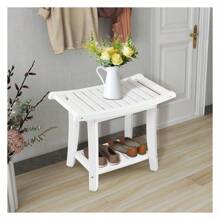 2-Tier Shower Bench, Spa Bath Shower Stool With Curved Seat, 2 Easy-To-G Handles, Storage Shelf & Non-Slip Foot Pads, Waterproof Shower Chair For Bathroom, Living Room, Entryway, White