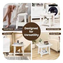 2-Tier Shower Bench, Spa Bath Shower Stool With Curved Seat, 2 Easy-To-G Handles, Storage Shelf & Non-Slip Foot Pads, Waterproof Shower Chair For Bathroom, Living Room, Entryway, White