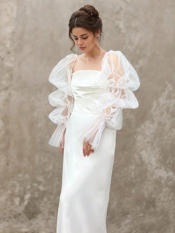 1pc White Mesh Multi-Tier Exaggerated Puff Sleeve Arm Cover, Elastic Cuff Bridal Long Sleeve Shrug