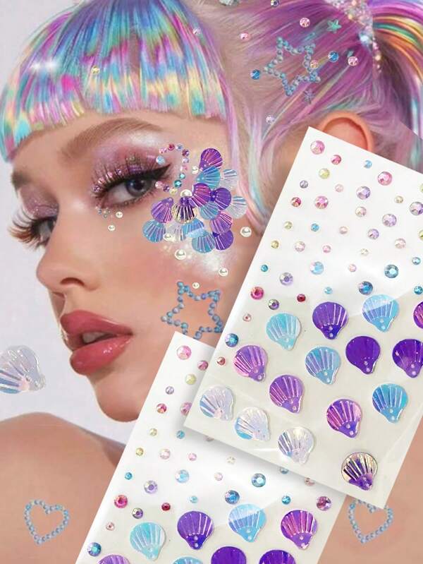 1pc Lindo Adesivo Colorido Em Forma De Concha De Strass, Ferramenta De Maquiagem De Sereia, Escamas De Sereia, Adesivo De Pérola Falsa, Adesivo De Strass Estilo Litorâneo, Adesivo De Strass Com Glitter Aurora, Ferramenta De Maquiagem Cosplay, Y2K, Decoração De Strass Para Olhos, Rosto, Orelhas, Sobrancelhas, Cabelo, Clavículas, Braços, Unhas. Decoração DIY Para Maquiagem De Olhos, Cosméticos, Maquiagem De Palco, Festivais, Festas, Uso Diário Adesivo 3D