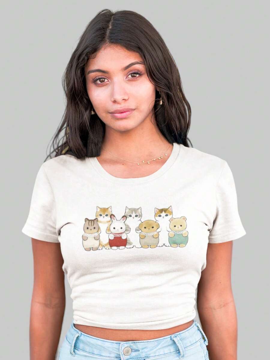 "Ternurines" Kawaii Print Crop Top - 白色 - 查看 1