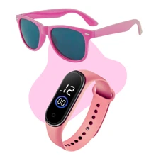 Kit Relógio Led Infantil Menina Menino + Óculos de Sol Proteção UV Varias Cores Acessórios Férias Viagem Criança Entrega Rápida - Rosa chiclete - Visão 2