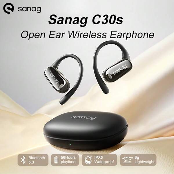 sanag Auriculares inalámbricos Sanag C30S de oído abierto con sonido espacial esférico de 360°, cómodos y ligeros, de fácil transporte, auriculares con 56 horas de duración de batería, IPX5 resistentes al agua para deportes y running
