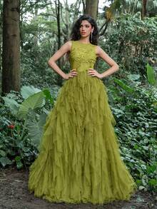 Faeriesty Luxe Lace Trim Detail Mesh Overlay Prom Dress - Olive Green - View 4