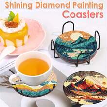8 pièces/set Sous-verres de peinture de diamant, motifs paysages, avec support de tasse en fer - Multicolore - Voir 5