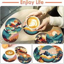 8 pièces/set Sous-verres de peinture de diamant, motifs paysages, avec support de tasse en fer - Multicolore - Voir 8