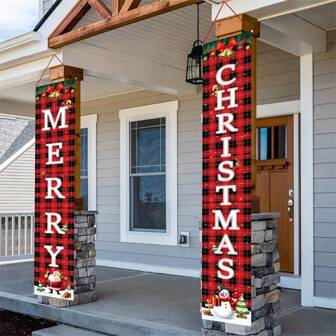 1 件圣诞门帘，红黑格子风格窗帘，圣诞节节日门帘装饰，露台装饰，氛围装饰