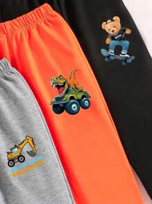 3 条装小男孩卡通恐龙、熊和汽车印花休闲运动裤，舒适慢跑裤，适合春/夏/秋季 - 彩色 - 查看 4