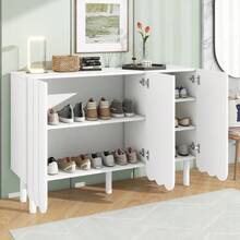 Modern Cream Minimalist Shoe Cabinet With 5 Solid Wood Legs, Sideboard Buffet Storage With Adjustable Shelves & Wave Doors For Living Room, White - 白色+中密度纖維板 - 查看 2