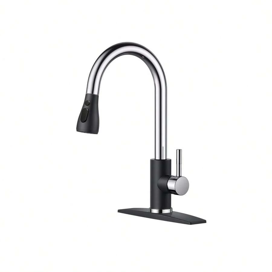 Kitchen Faucets, Kitchen Faucet With Pull Down Sprayer, High Arc Single Handle Stainless Steel Sink Faucets 1 Or 3 Hole, Classic Kitchen Sink Faucets For Farmhouse Camper Laundry Rv Bar - Black&Chrome - View 1