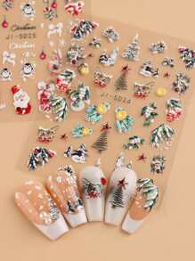 2 件装 5D 圣诞节美甲贴纸雪树圣诞老人雪人企鹅指甲贴花冬季新年美甲装饰 - 彩色 - 查看 8