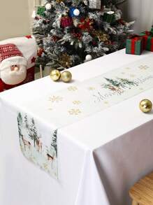 1 件 35*180 厘米圣诞快乐桌旗，水彩鹿树雪花圣诞桌旗桌布，家庭圣诞装饰品 2024 圣诞节桌旗季节性冬季节日厨房餐桌装饰，圣诞节 - 彩色 - 查看 4