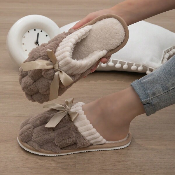 New Autumn/Winter Women Indoor Slippers Warm Bowknot Closed Toe Quiet House Slippers