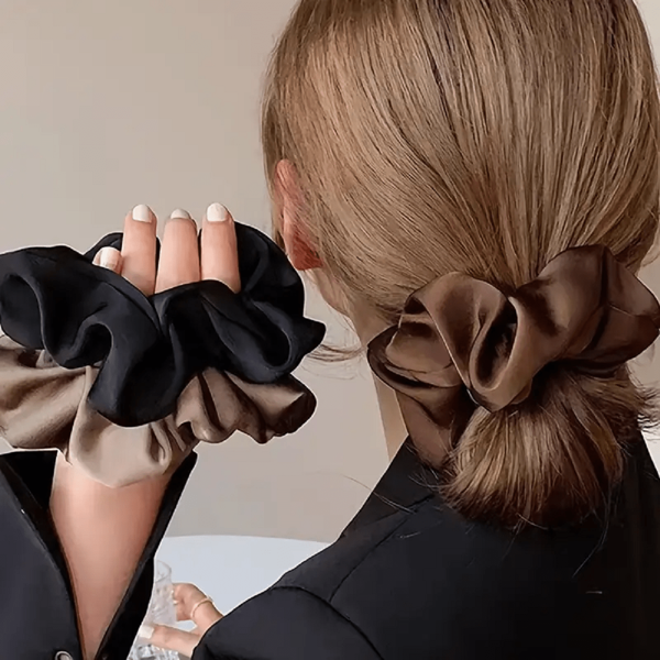 3 piezas Elegantes scrunchies de satén sólido en color marrón y negro, sujetadores de coleta de estilo minimalista, cómodos y con alta elasticidad, adecuados para diversos peinados y accesorios para el campus y ocasiones