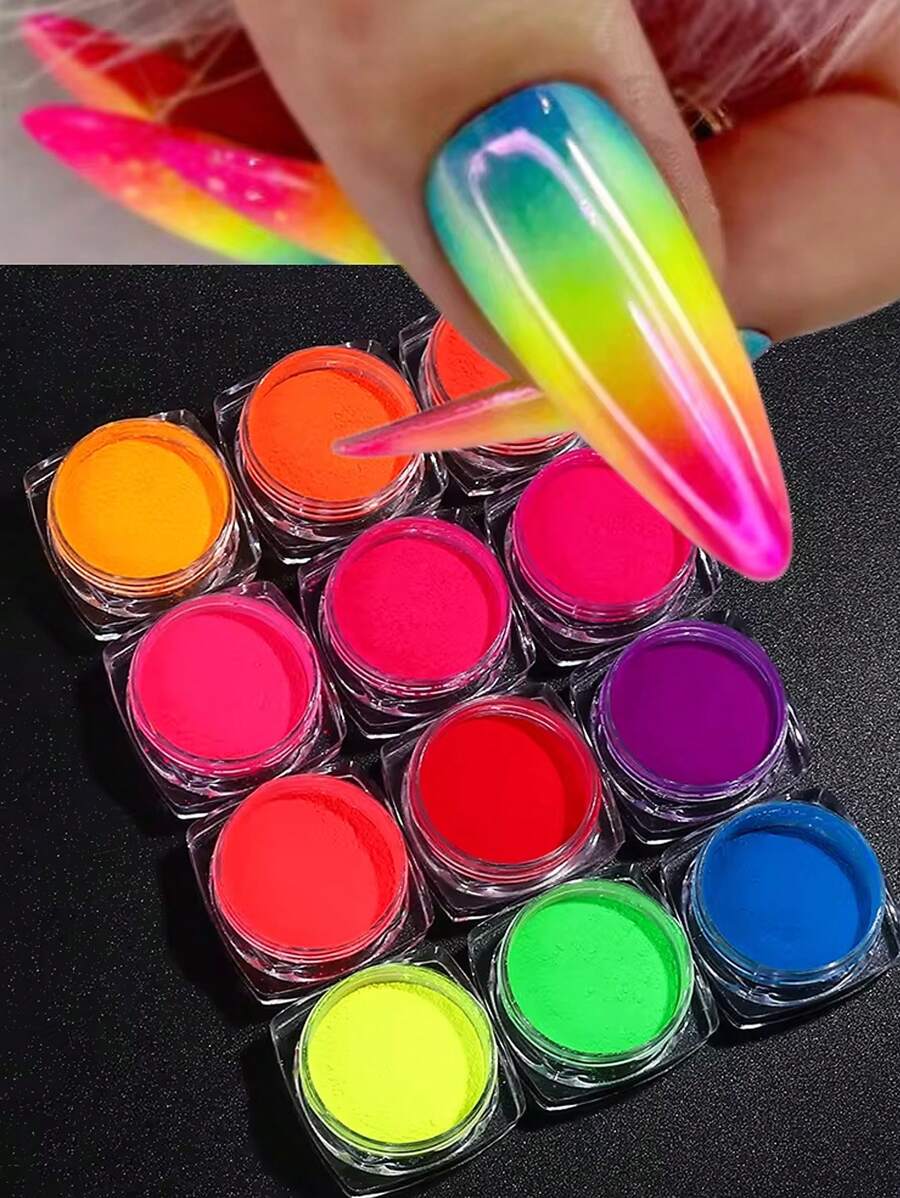 Neon Phosphor Pigment Powder Fluorescent Nail Glitter Chrome Pigment Gradient Effect Ombre Rubbing Neon Dust DIY Manicure Decoration
