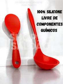 Kit 2 Utensílios de Cozinha de Silicone Colher de Arroz Pequena e Concha Vermelha Reforçada Proteja suas Panelas - Vermelho - Visão 3