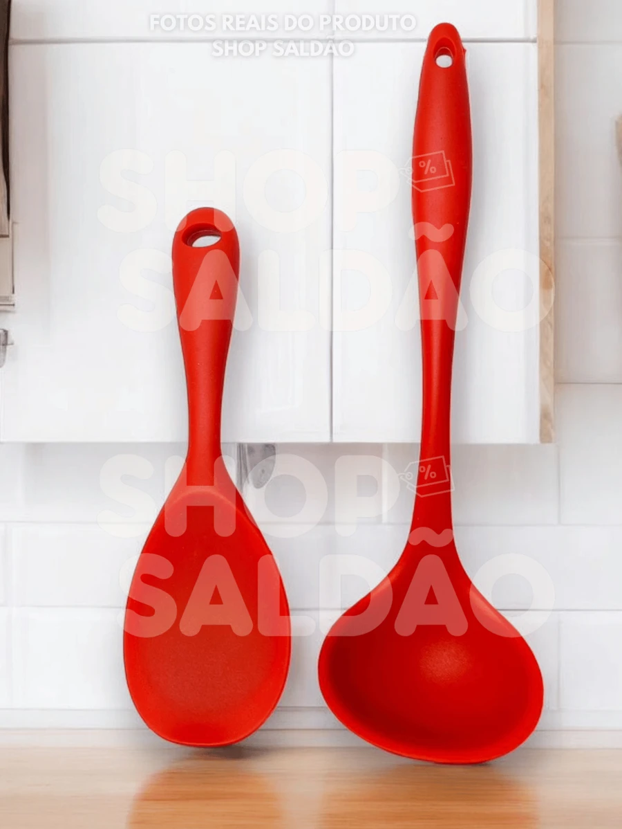 Kit 2 Utensílios de Cozinha de Silicone Colher de Arroz Pequena e Concha Vermelha Reforçada Proteja suas Panelas - Vermelho - Visão 1