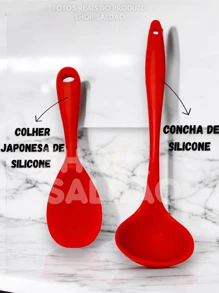 Kit 2 Utensílios de Cozinha de Silicone Colher de Arroz Pequena e Concha Vermelha Reforçada Proteja suas Panelas - Vermelho - Visão 2