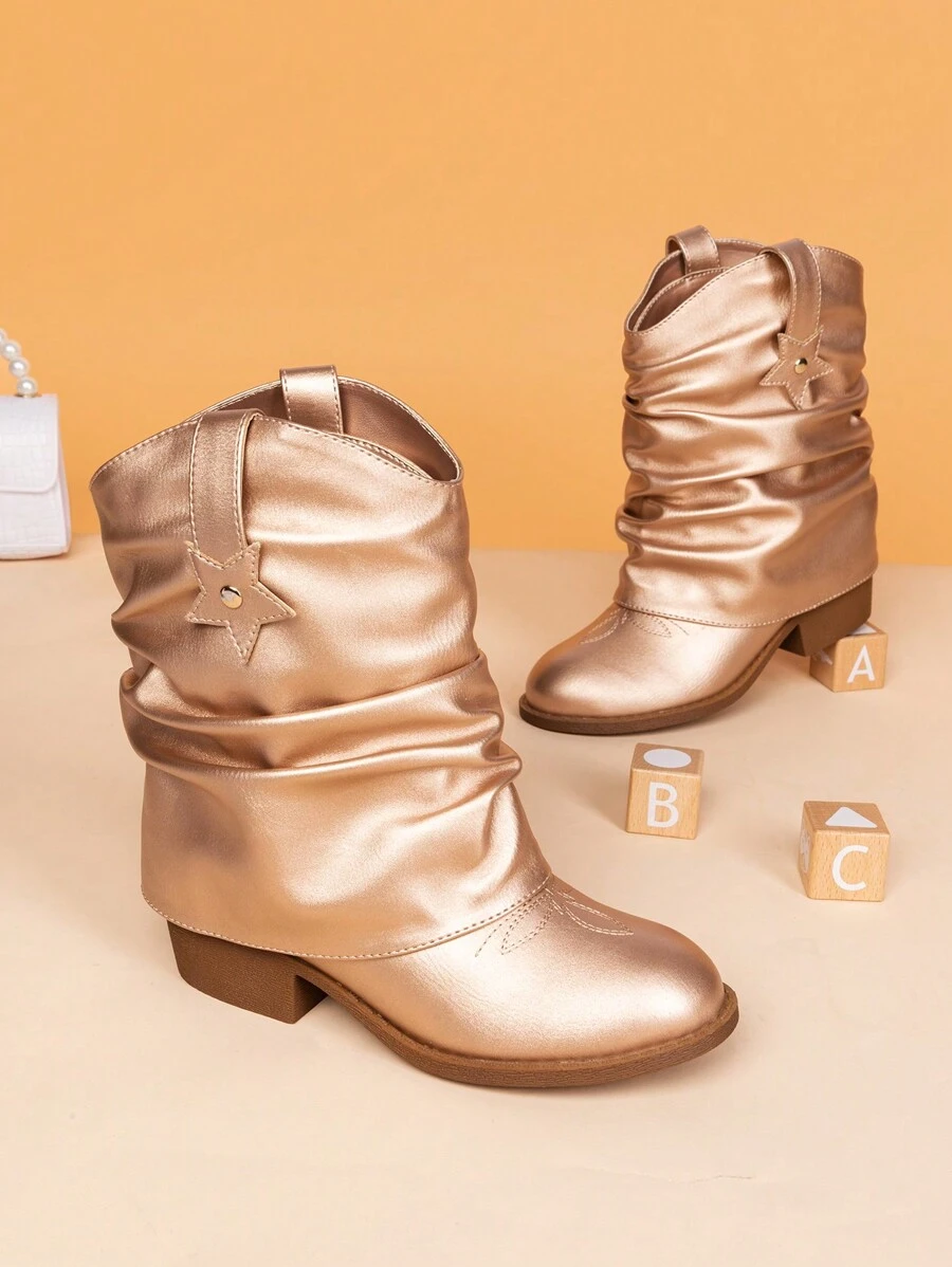 Girls Cowboy Cowgirl Boots Mid Calf Boots Western Removable Fold Over Embroidered Fashion Star-Shaped Decoration - Màu Hoa hồng đỏ - Xem 1