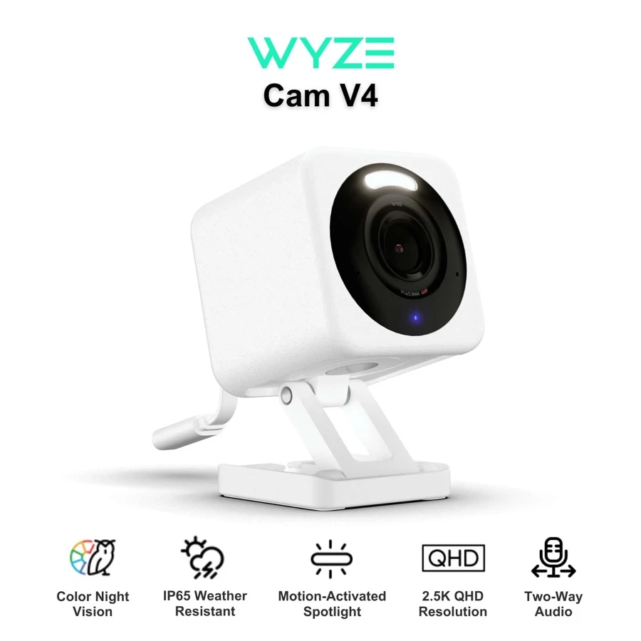 WYZE Cam V4, 2K HD Wi-Fi Smart Home Security Camera, Indoor/Outdoor Use, Pet/Baby Monitor, Motion Activated Spotlight/Siren, Enhanced Color Night Vision, 2-Way Audio, Local/Cloud Storage, Wired, White - View 1