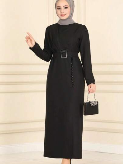 Moda feminina elegante e simples cor sólida gola redonda manga comprida vestido modesto