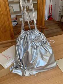 1pc Women Drawstring Pleated Silver Casual Daypack Backpack Shoulder Bag Versatile Small Travel Rucksack - Silver - View 3
