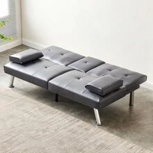Convertible Sofa Bed Adjustable Couch Sleeper Modern Faux Leather Recliner Reversible Loveseat Folding Daybed Guest Bed, Removable Armrests, Cup Holders, 3 Angles, , Gray - 1 - View 9