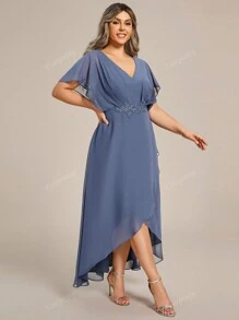 EVER-PRETTY Plus Elegant Embroidery Applique Decor Wrap Split Hem Cocktail Dresses, Party Dress, Wedding Guest Dress