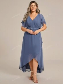 EVER-PRETTY Plus Elegant Embroidery Applique Decor Wrap Split Hem Cocktail Dresses, Party Dress, Wedding Guest Dress