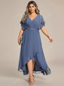 EVER-PRETTY Plus Elegant Embroidery Applique Decor Wrap Split Hem Cocktail Dresses, Party Dress, Wedding Guest Dress