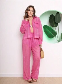 Beach Cover-Up Set, Long-Sleeved Shirt And Pants With Pocket On The Side - 玫紅色 - 查看 4