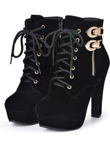 High Heel Boots For Women,Womens Platform Boot Heels Sexy Round Toe Lace UP High Heels Mid Calf Boots - 黑色-BO46LQ - 查看 6