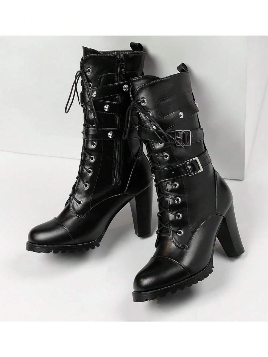 High Heel Boots For Women,Womens Platform Boot Heels Sexy Round Toe Lace UP High Heels Mid Calf Boots - 黑色-BO46LQ - 查看 1