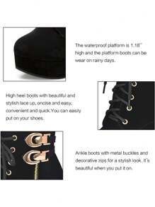 High Heel Boots For Women,Womens Platform Boot Heels Sexy Round Toe Lace UP High Heels Mid Calf Boots - 黑色-BO46LQ - 查看 8