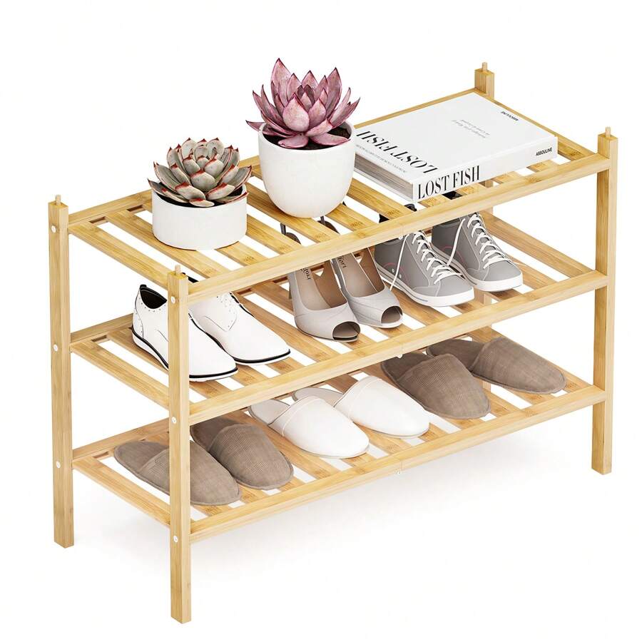 1 件 3 层竹制鞋架，适用于衣柜，独立式鞋架，可堆叠鞋子收纳架，适用于入口 - 彩色 - 查看 1