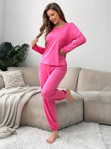 Women Simple Solid Color Pajamas Set, Long Sleeve Crew Neck Top & Sweatpants, Comfortable Casual Fit, Suitable For Autumn - Hot Pink - View 5