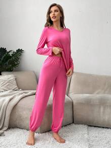 Women Simple Solid Color Pajamas Set, Long Sleeve Crew Neck Top & Sweatpants, Comfortable Casual Fit, Suitable For Autumn - Hot Pink - View 4