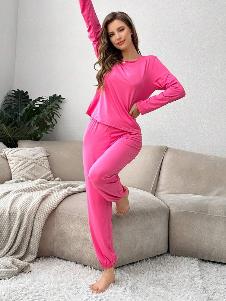 Women Simple Solid Color Pajamas Set, Long Sleeve Crew Neck Top & Sweatpants, Comfortable Casual Fit, Suitable For Autumn - Hot Pink - View 6